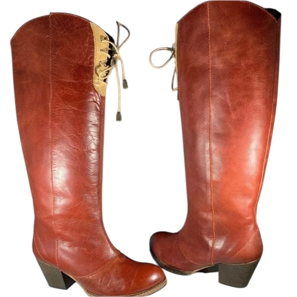 Anthropologie Holding Horses red leather high knee boots front tie sz 39 - Picture 5 of 11